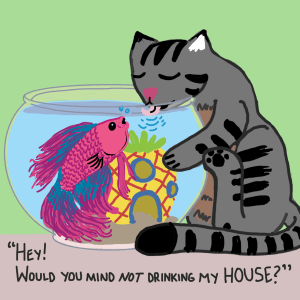 cartoon of a cat drinking out of a fishbowl