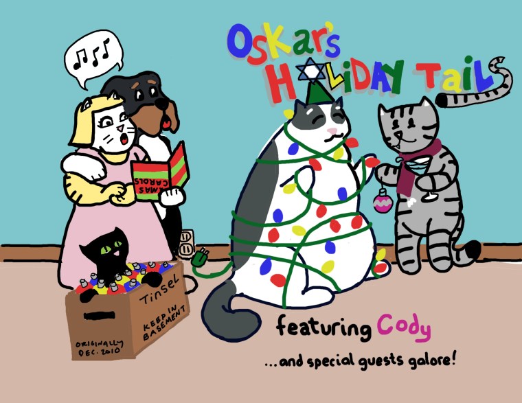 A brown tabby cat decorates a larger cat as a Christmas tree.