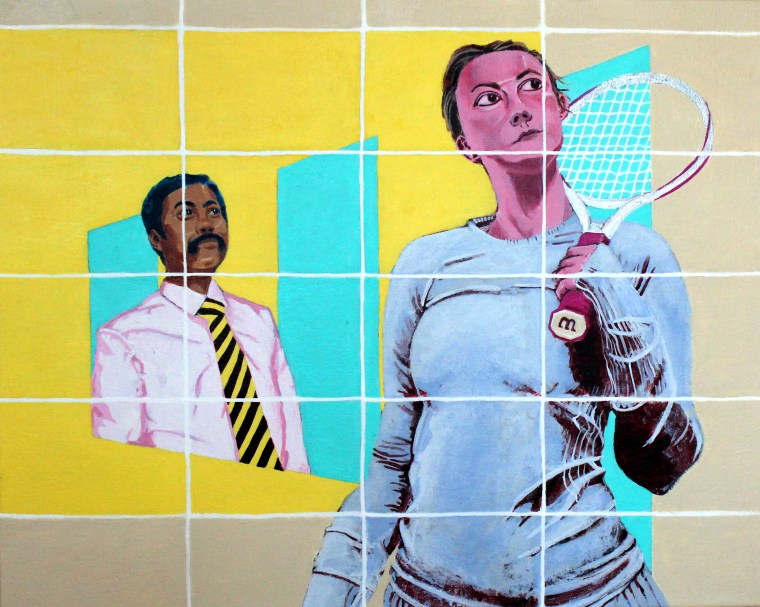 a woman is featured holding a tennis racket as a man in the background looks ahead