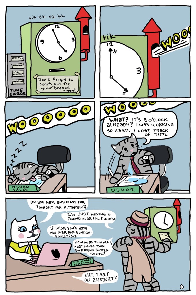 Oskar clocks out of his work day.