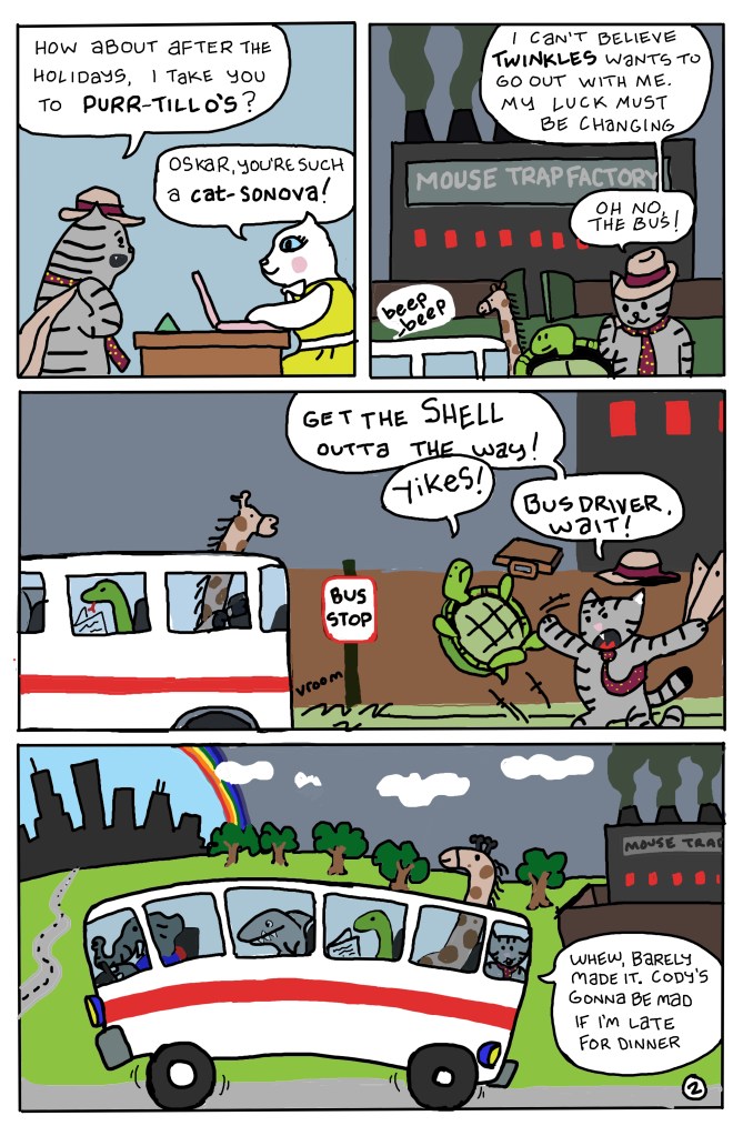 Oskar flirts with the receptionist and then catches a bus.