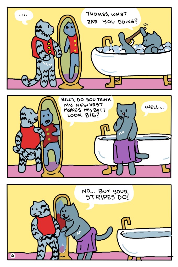 Thomas checks out his new vest in the mirror while Billy takes a bath.