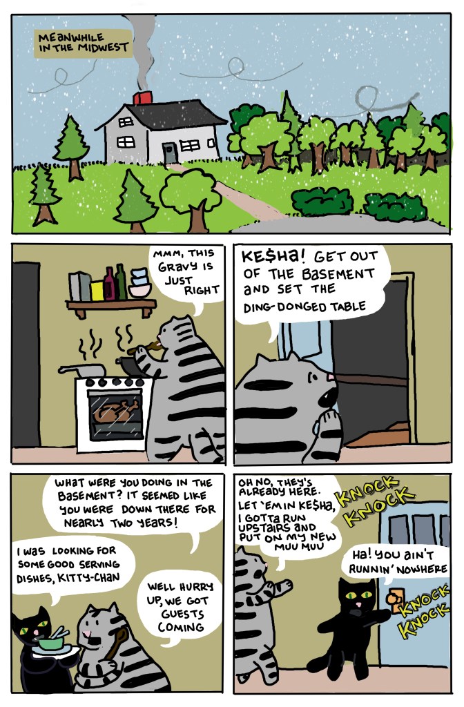 Kitty-Chan prepares a meal while talking to Ke$ha.